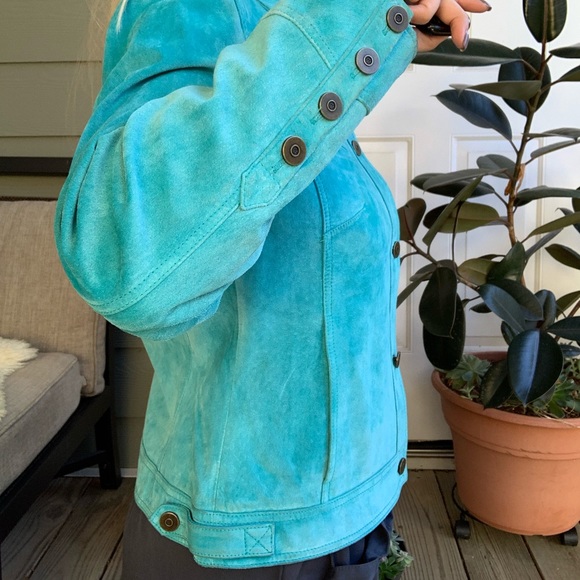 Leather Suede Jacket Turquoise Size GB 14 Medium - Picture 2 of 8